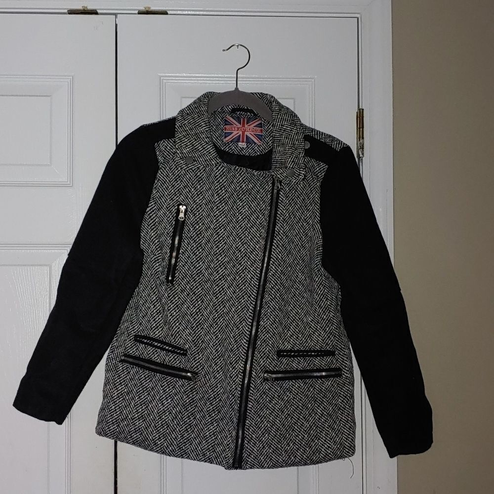 Miss London wool blend moto zip up herringbone jacket Sz L
